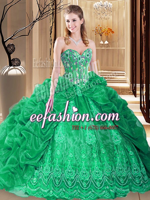 Glorious Sleeveless Organza Court Train Lace Up 15 Quinceanera Dress in Green with Embroidery and Pick Ups