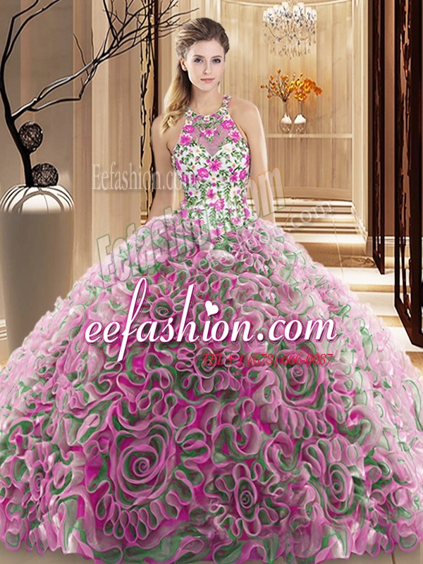 Captivating Multi-color Sleeveless Fabric With Rolling Flowers Brush Train Criss Cross 15th Birthday Dress for Military Ball and Sweet 16 and Quinceanera