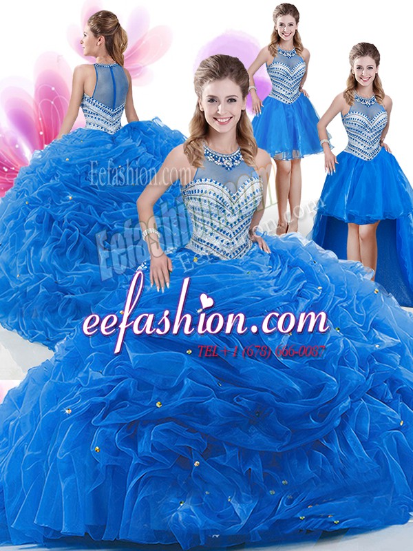 Super Four Piece Royal Blue High-neck Zipper Beading and Pick Ups Sweet 16 Dress Sleeveless
