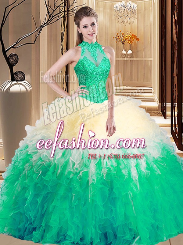 Exceptional Multi-color Sleeveless Floor Length Lace and Appliques and Ruffles Backless 15th Birthday Dress