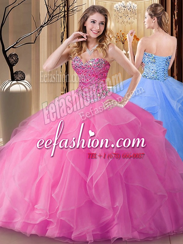 On Sale Rose Pink Quinceanera Dresses Military Ball and Sweet 16 and Quinceanera and For with Beading Sweetheart Sleeveless Lace Up