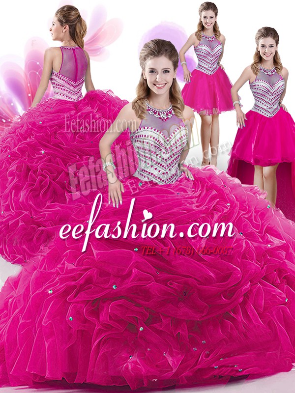 Stylish Four Piece Hot Pink High-neck Neckline Beading and Pick Ups Quince Ball Gowns Sleeveless Zipper