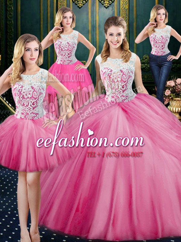 Graceful Four Piece Scoop Tulle Sleeveless Floor Length Sweet 16 Dresses and Lace and Appliques and Pick Ups