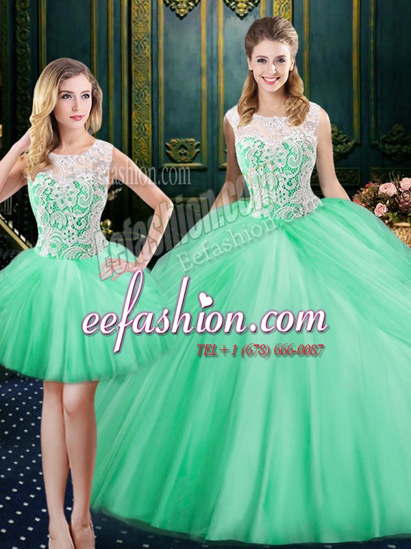 Decent Three Piece Scoop Sleeveless Quinceanera Dress Floor Length Lace and Pick Ups Apple Green Tulle