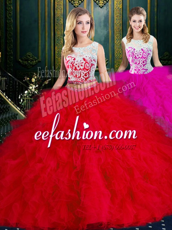 Inexpensive Scoop Floor Length Red Quince Ball Gowns Tulle Sleeveless Lace and Ruffles