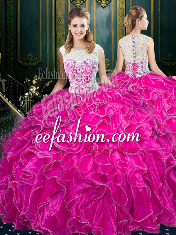 Low Price Organza Scoop Sleeveless Zipper Lace and Ruffles Sweet 16 Quinceanera Dress in Fuchsia