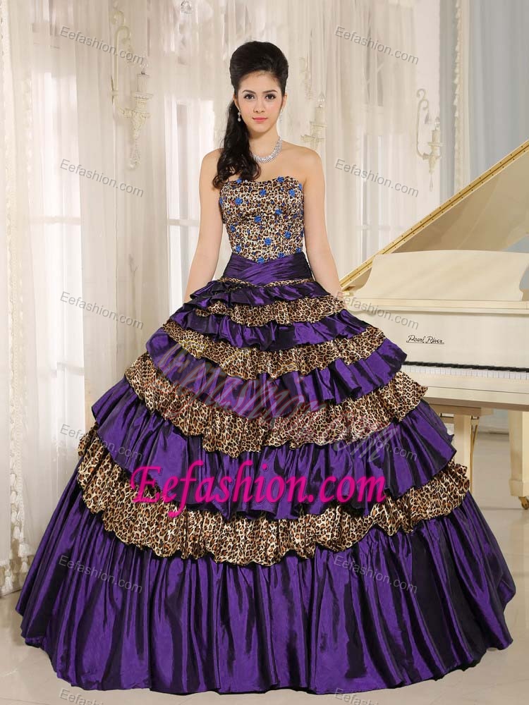 Latest Dark Purple Quinceanera Gown in and Leopard with Ruffled Layers
