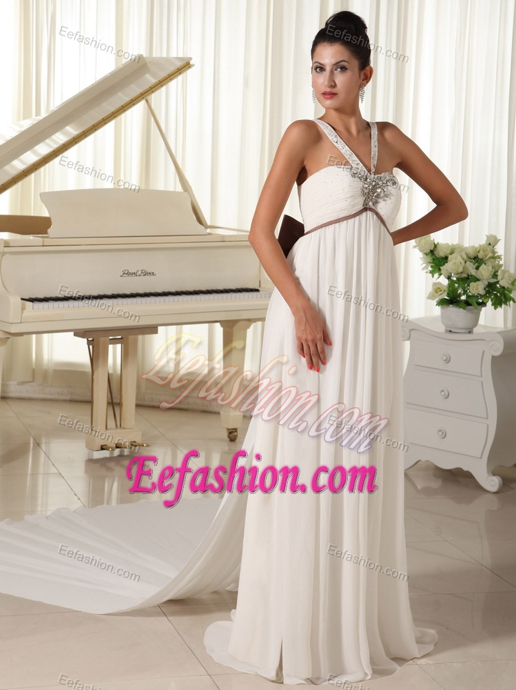 Beautiful V-neck Dress for Summer Wedding with Beadings and Brown Bowknot