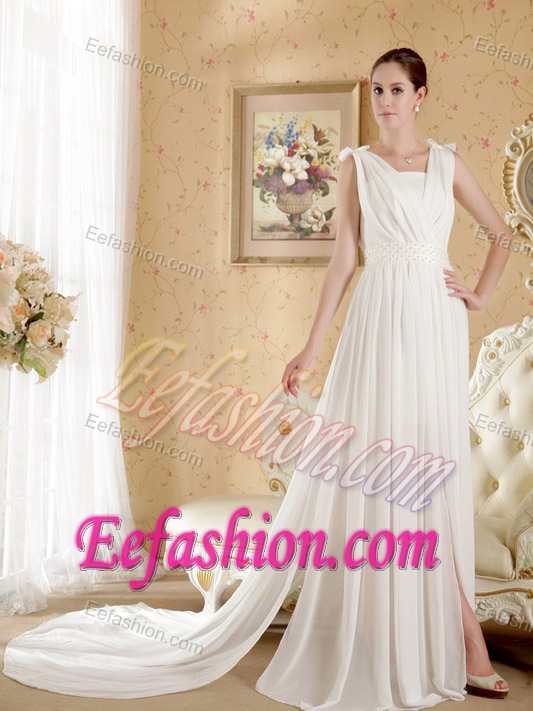 Empire V-neck Beaded Wedding Party Dress with Bowknots and Ruches for 2013
