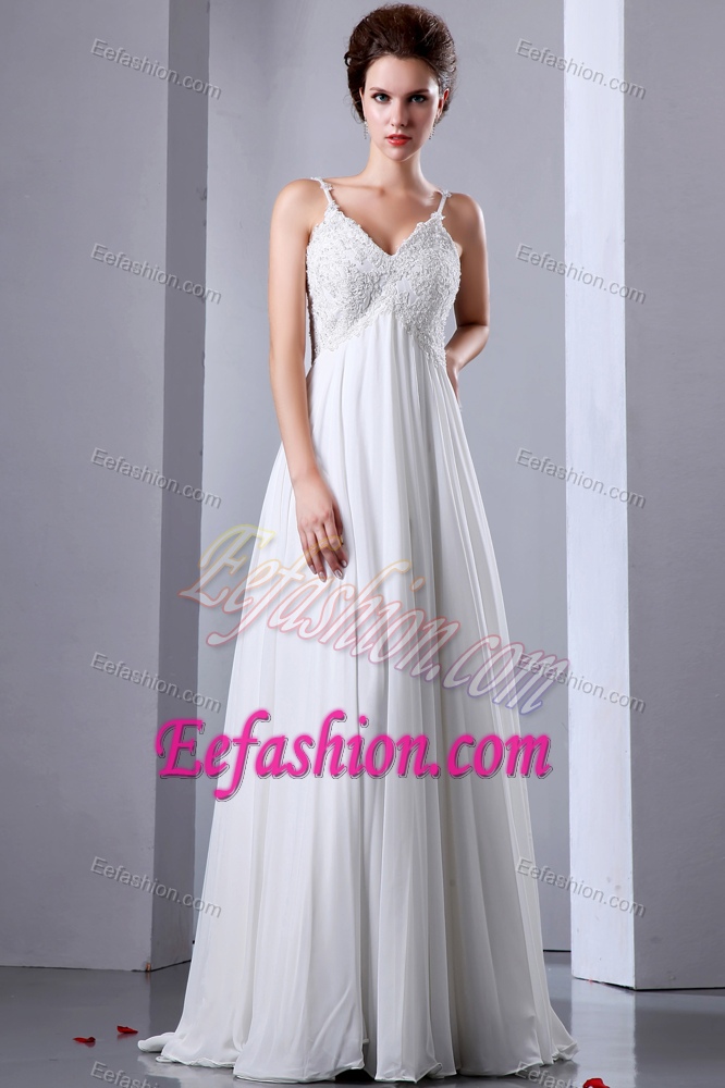 Empire Appliqued Chiffon Wedding Dresses with Spaghetti Straps in Floor-length