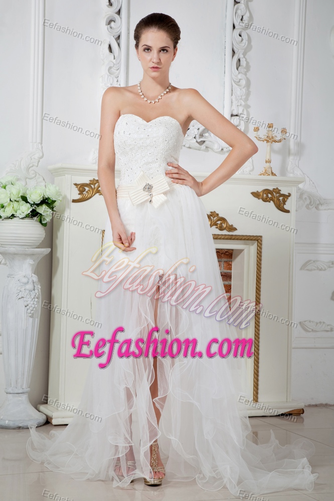Sweetheart Court Train Organza Summer Wedding Dress with Beadings and Sash