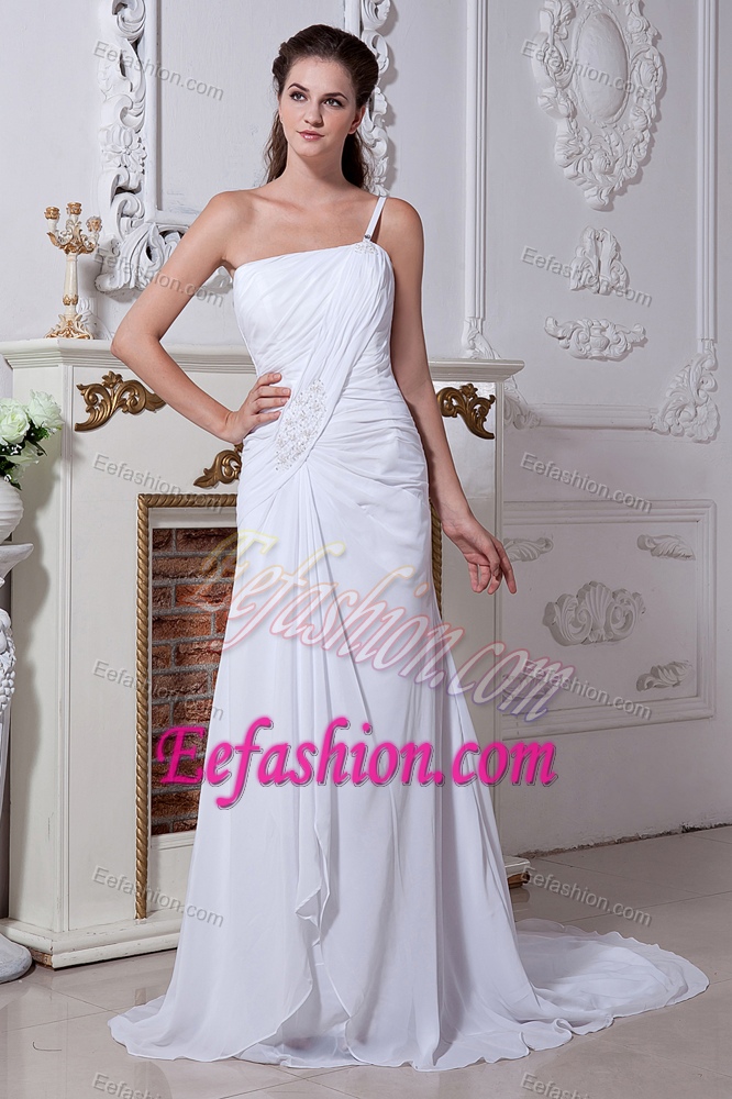 Discount 2012 One Shoulder Wedding Party Dress with Ruches and Lace Up Back