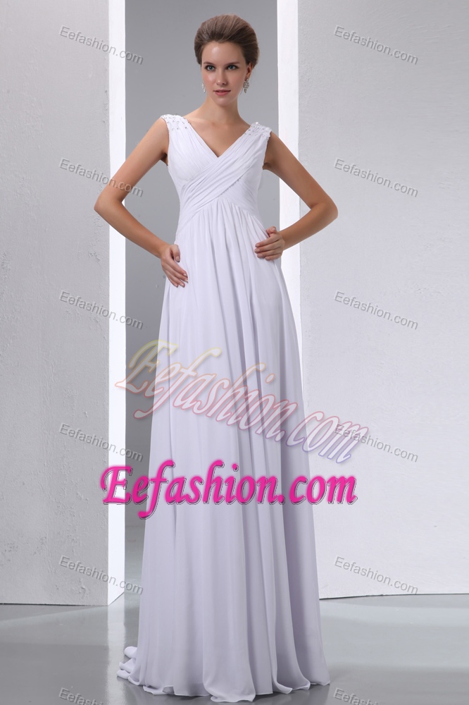 Lilac Empire V-neck Summer Wedding Dresses with Beads and Ruches
