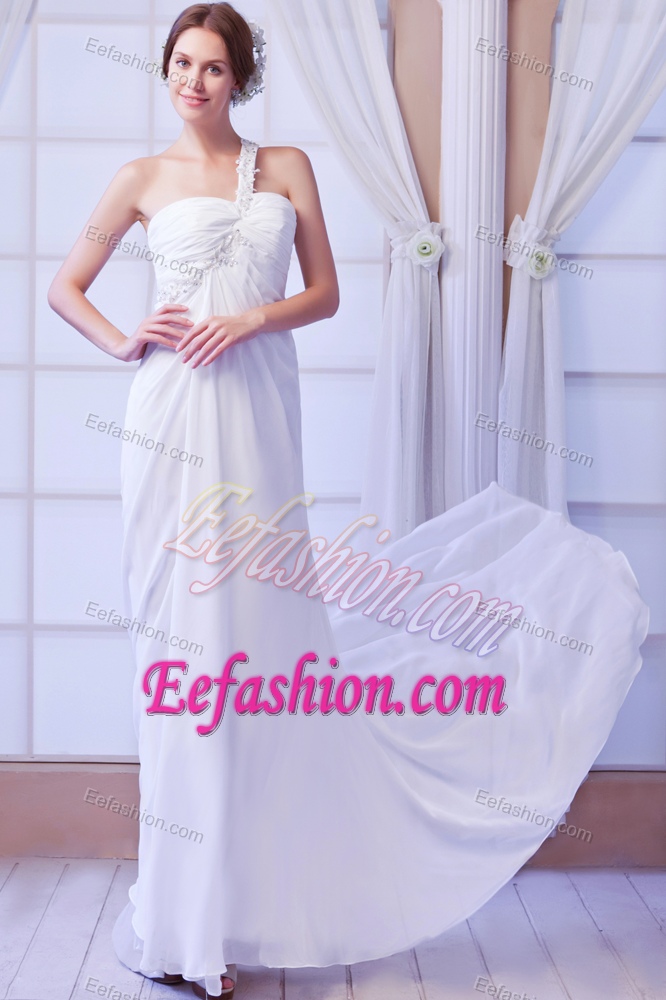 Beaded and Ruched Chiffon Dress for Wedding with One Shoulder on Promotion