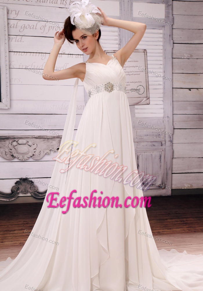 V-neck Watteau Train Dresses for Wedding with Ruches and Beadings