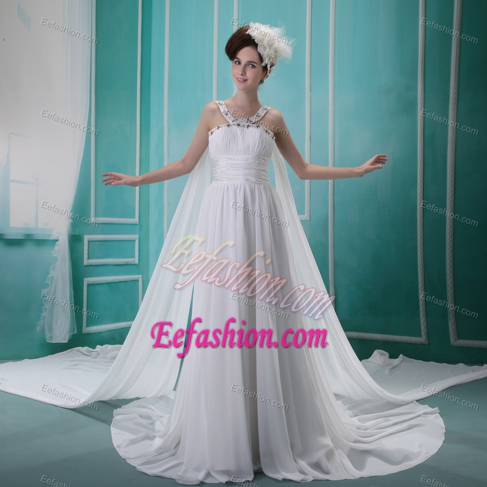 V-neck Beaded and Ruched Outdoor Wedding Dress with Watteau Train on Sale