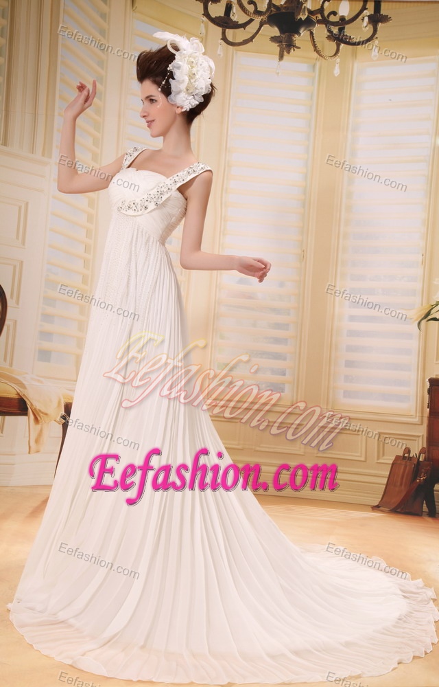 Classy Straps Ruching Prom Wedding Dress with Beadings and Pleats