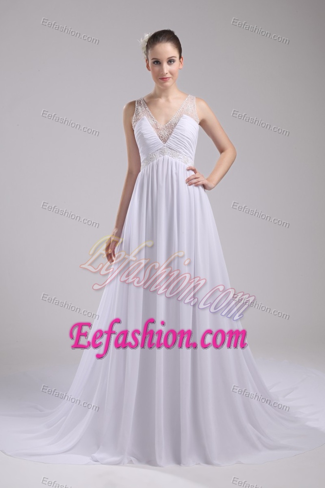 2013 Empire V-neck Outdoor Wedding Dresses with Ruches and Beads