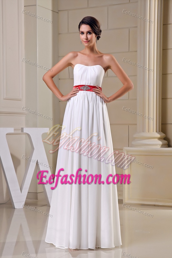 Strapless Long Ruched Chiffon Wedding Dress with Red Beaded Belt