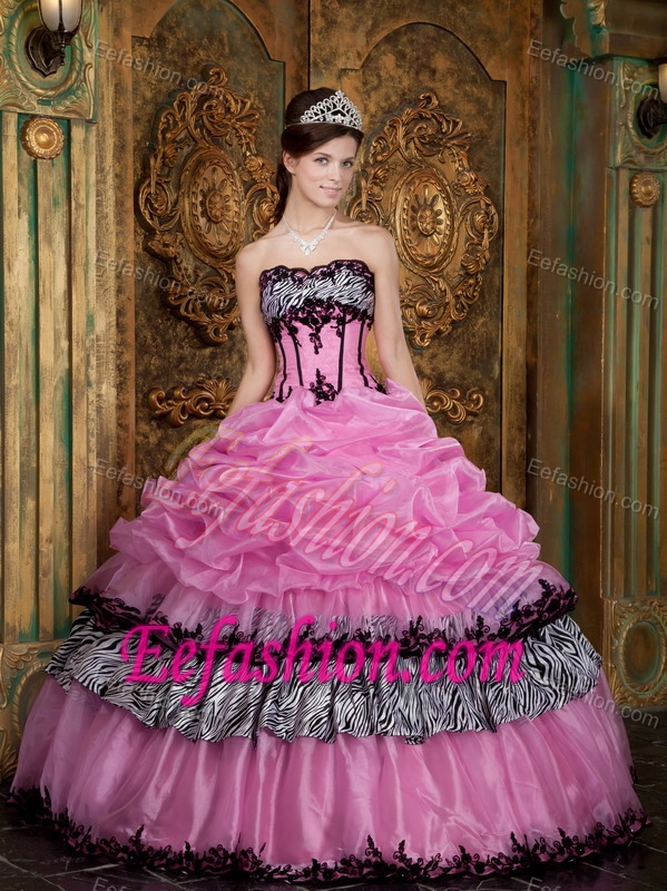 Pretty Rose Pink Strapless Zebra Quinceanera Dress with Layers and Pick-ups