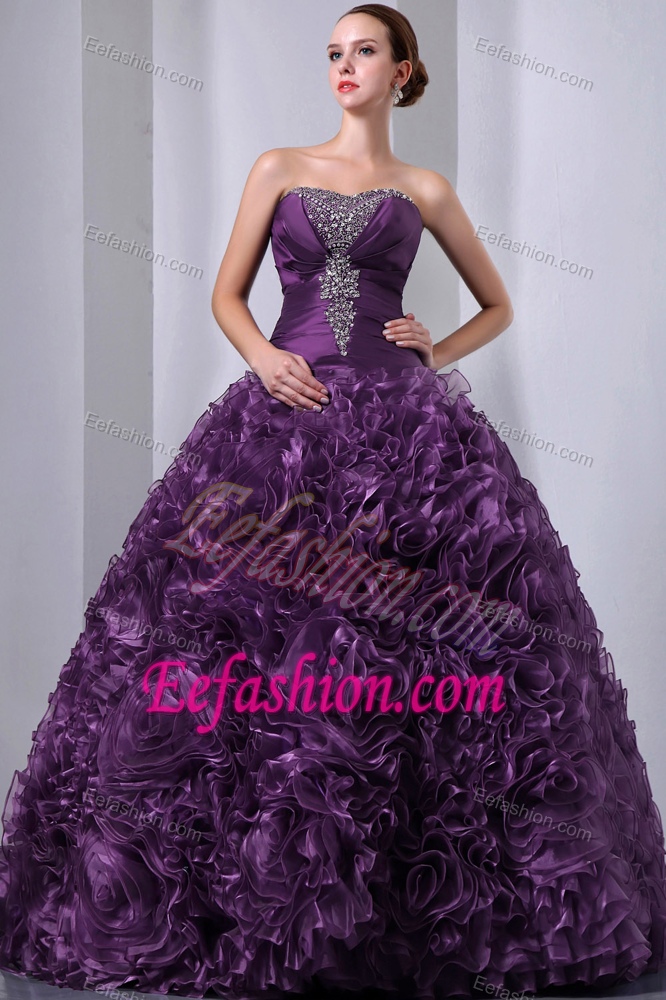 Purple Strapless Organza Quinceanea Dress with Beading and Hand Made Flower