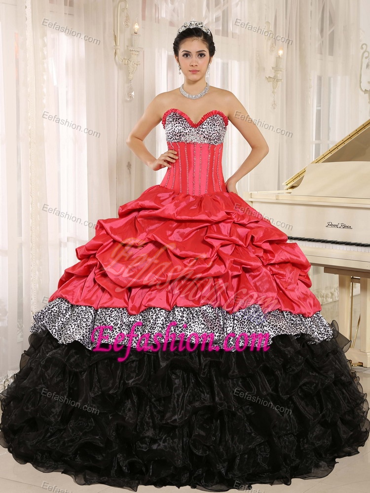 Watermelon and Black Sweetheart Quinceanera Dress with Ruffles and Pick-ups