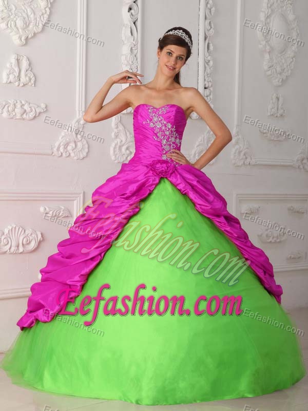 Sweetheart Green and Fuchsia Quinceanera Dress with Appliques in Taffeta