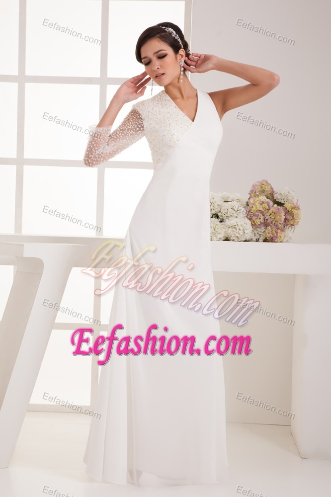 Long V-neck Single Long Sleeve Chiffon Wedding Dress with Beading
