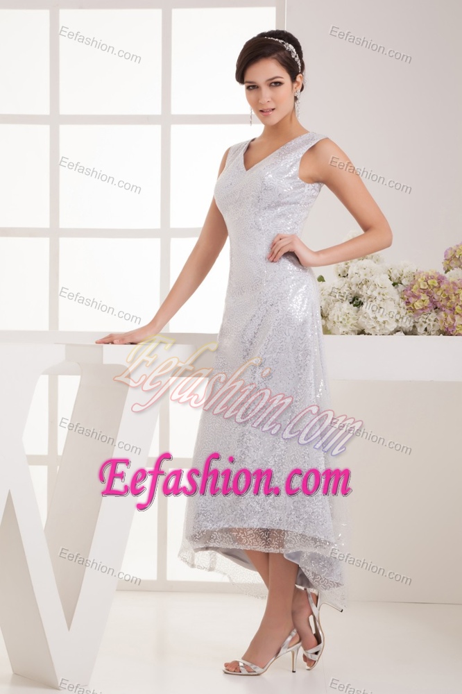 V-neck Tea-length Special Fabric Sequin Silver Wedding Dress on Promotion