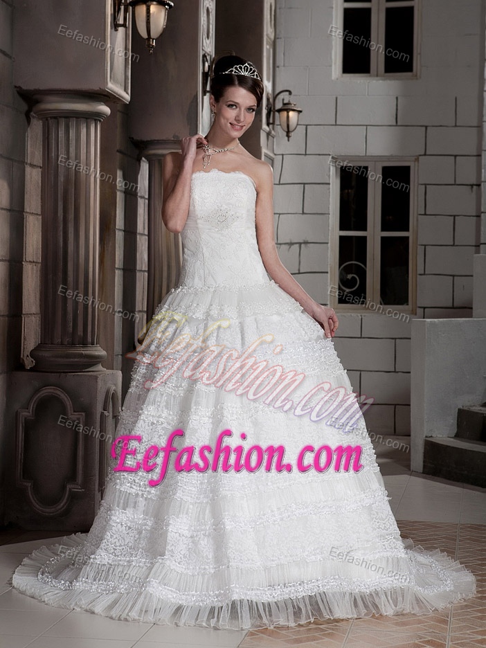 Custom Made Strapless Court Train Special Fabric Wedding Dress with Layers