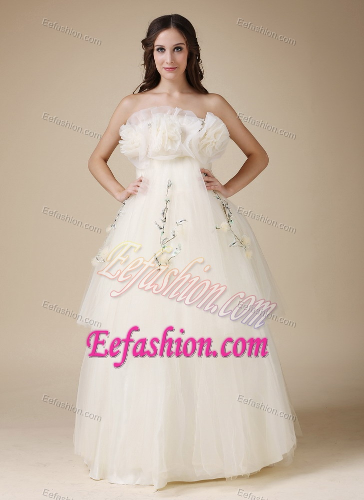 Strapless Long Layered Tulle Wedding Dress with Appliques and Flower