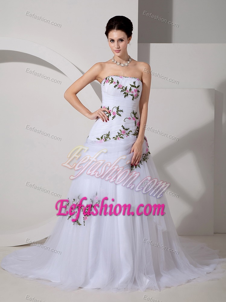 A-line Strapless Church Wedding Dress with Appliques and Ruches in Low Price