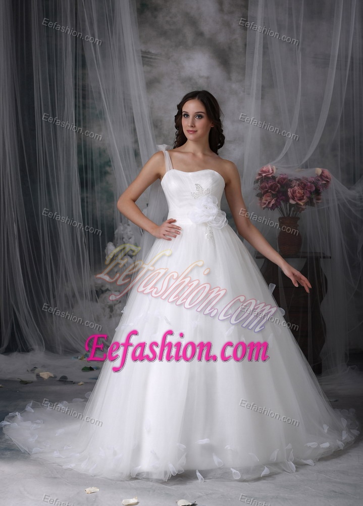 One Shoulder Affordable Beaded Tulle Wedding Dresses with Watteau Train