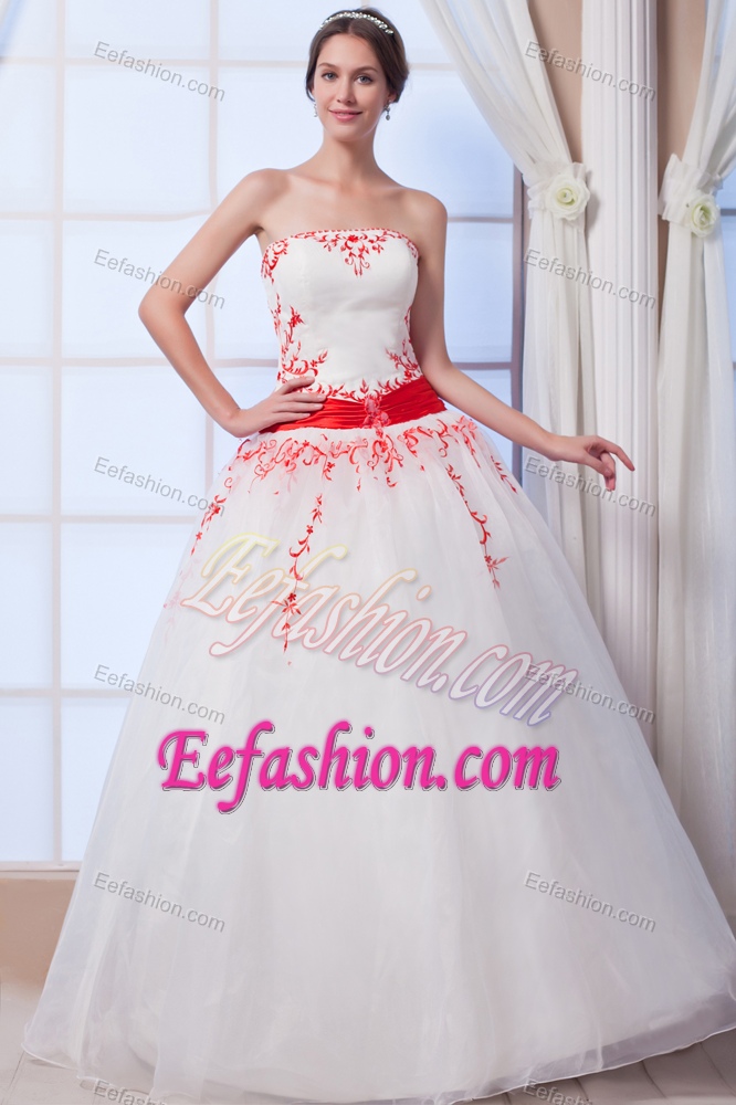 A-line Strapless Long Organza Cute Wedding Dress with Appliques