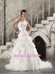 2015 Classic White Strapless Bridal Gowns with Brush Train and Ruffles
