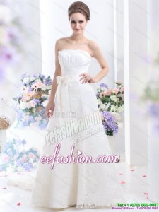 2015 White Strapless Laced Wedding Dresses with Bownot and Brush Train