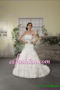 Classic 2015 Strapless White Bridal Gowns with Ruffled Layers and Court Train
