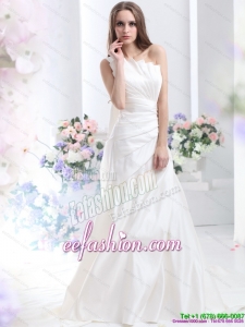 Classic Pleated One Shoulder White Wedding Dresses with Brush Train