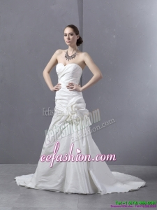 Classic Ruffled Sweetheart Ruched White Wedding Dresses with Brush Train