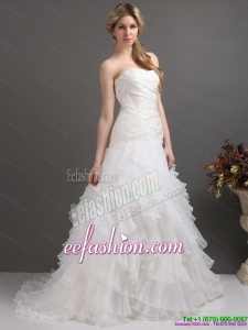 Classic White Strapless Pleated Wedding Dresses with Ruffled Layers