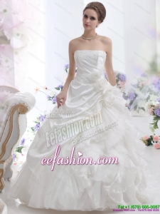 Classic White Strapless Ruffles Bridal Gowns with Chapel Train and Hand Made Flower