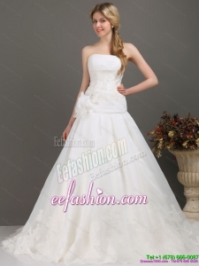 Ruched Beaded White Classic Wedding Dresses with Brush Train and Hand Made Flower