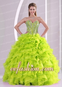 Custom Made Quinceanera Dresses Beading and Ruffles Organza Yellow Green Ball Gown