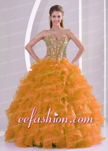 Orange Red Beading Ruffles Sweetheart Organza Ball Gown Custom Made Quinceanera Dresses