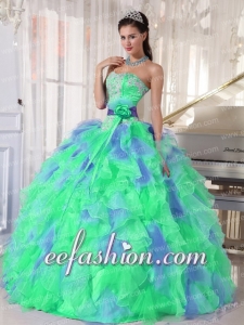 Sweetheart Muti-color Beading and Ruffles Organza Green and Blue Ball Gown Discount Quinceanera Dresses