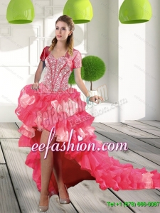 2015 Most Popular Coral Red High Low Prom Dresses with Beading and Ruffled Layers