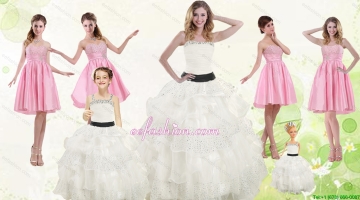 White Strapless Beading Quinceanera Dress and Baby Pink Short Beading Prom Dresses and Affordable Little Girl Pageant Dr