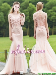 Sexy See Through Light Pink Mermaid Prom Dresses with Brush Train