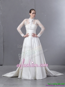 Ruched and Classic Strapless White Wedding Dresses with Brush Train