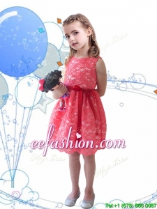 New Style Scoop Sashes and Lace Mini Quinceanera Dresses in Coral Red